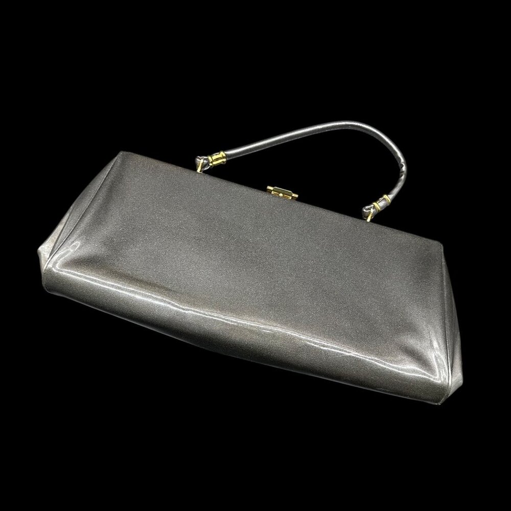 Vintage Handbag Mid Century Shimmery Gray Purse Gold Tone Top Handle Retro